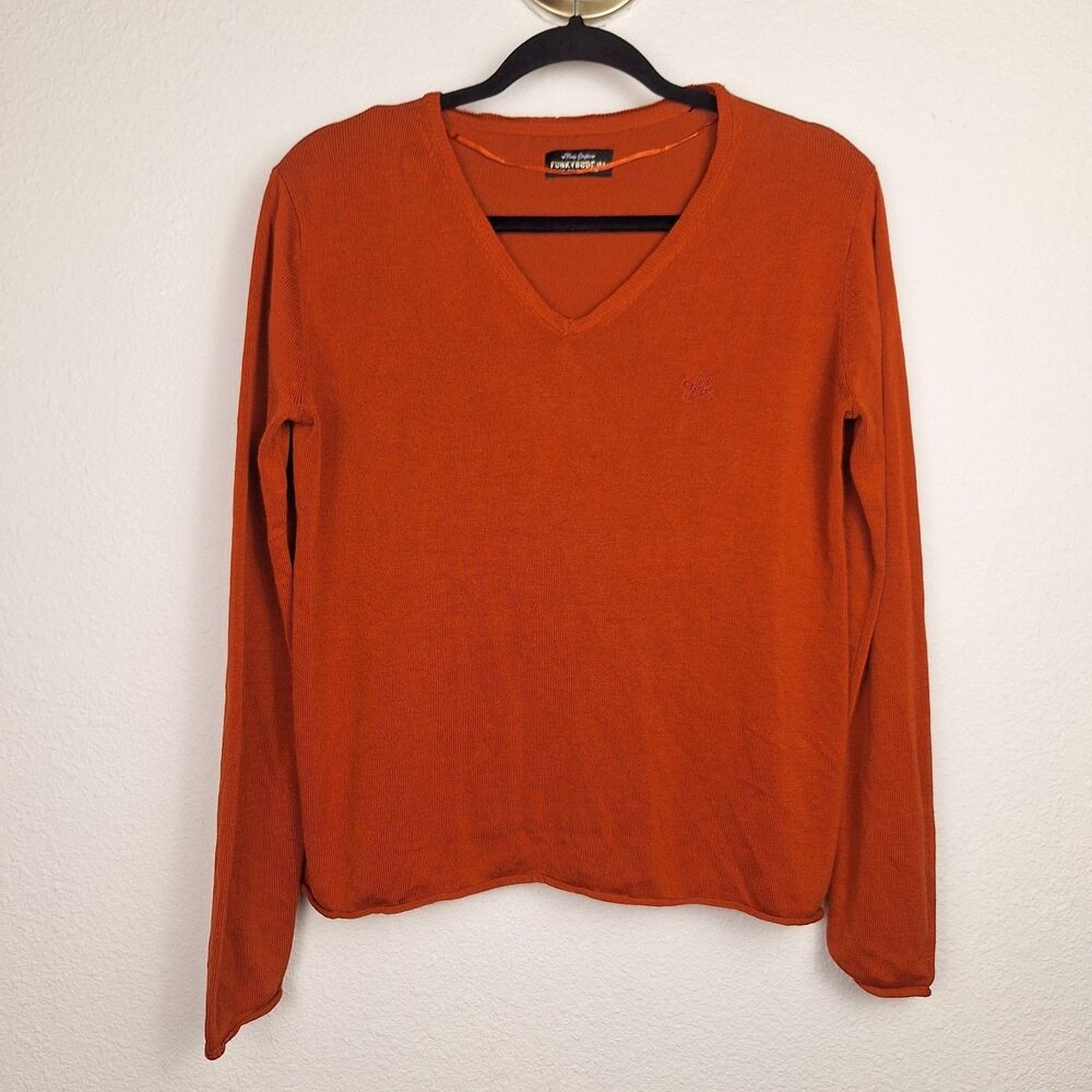 Funky Buddha Knit Sweater Burnt Orange V Neck M Indie Retro Earthy Cozy Cabin